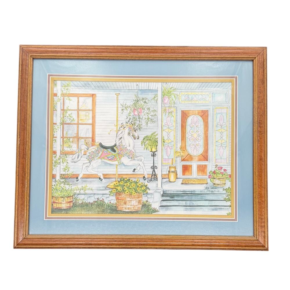 Ava Freeman Signed Framed Art Watercolor Print Victorian Decor Horse Vintage
